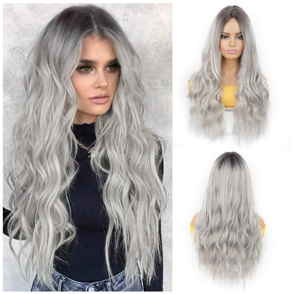 26” Dark Roots Ombre Gray Curly Synthetic Wig - Picture 3 of 6